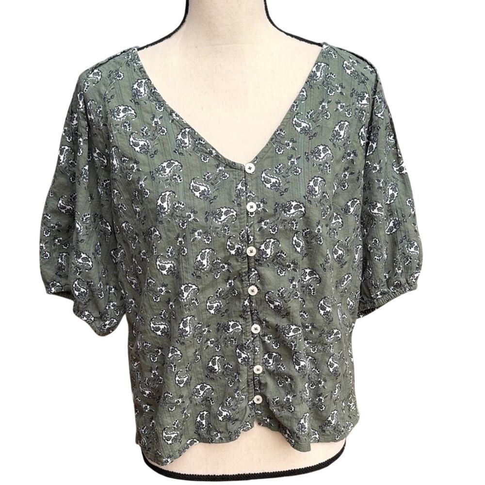 LOFT Green Paisley Puff Bubble Sleeve Blouse Medium V-Neck Romantic Western Boho